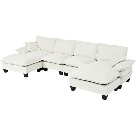 Sofá Esquinero Modular 6 Plazas en Chenilla, Respaldo Reforzado y Ottoman Móvil, Beige (1/5)