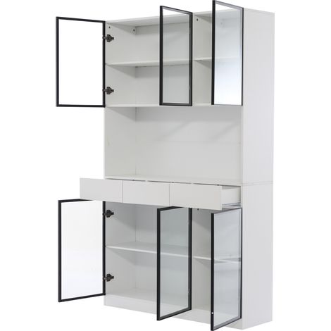 Vitrine haute blanche 200 cm avec portes, avec lumières LED, bibliothèque de rangement multifonction pour collection, chambre, salon et bureau, blanc – cadre de porte noir
