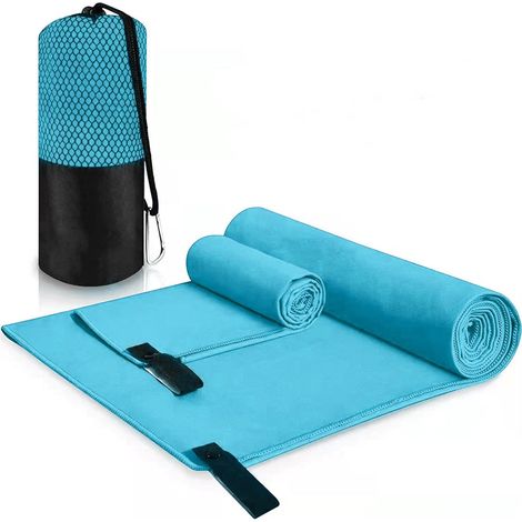 Serviettes de voyage en microfibre, tailles assorties, séchage rapide, absorption de la transpiration, idéales pour le bain, la salle de sport, le sport et les activités de plein air. Bleu clair.