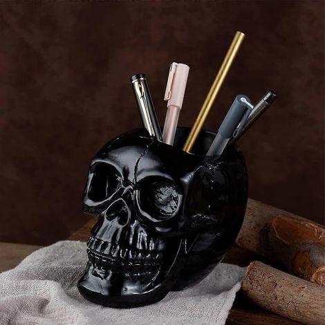 Porte-crayons et porte-stylos en forme de crâne noir, idéal pour les clés, les pinceaux de maquillage, un pot de fleurs ou comme accessoire de bureau. (1/5)