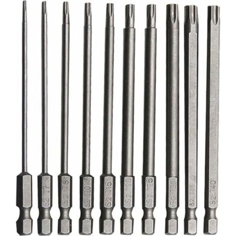 Lot de 10 embouts Torx longs en acier allié au chrome-vanadium (100 mm) pour tournevis et perceuse électrique. Entretien inclus. (1/5)