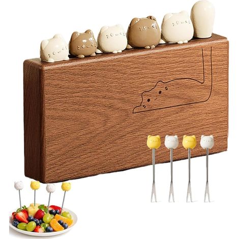 Ensemble de fourchettes à fruits en acier inoxydable avec poignée en forme de chat, avec base en bois, ustensiles mignons pour gâteau, salade, apéritif, joli cadeau pour les amoureux des chats et la (1/5)