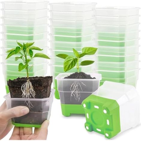 24 pots de pépinière transparents avec base en silicone, 10 cm carrés en plastique réutilisables avec trous de drainage pour repiquage de plants (vert) (1/5)