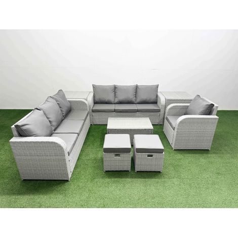 Fimous 9 Seater Poly Rattan Outdoor Garden Furniture Sofa Set Patio 3 Seater Sofa Reclining Chair 3 Seater Sofa Stools 2 Side Table Light Grey (1/5)