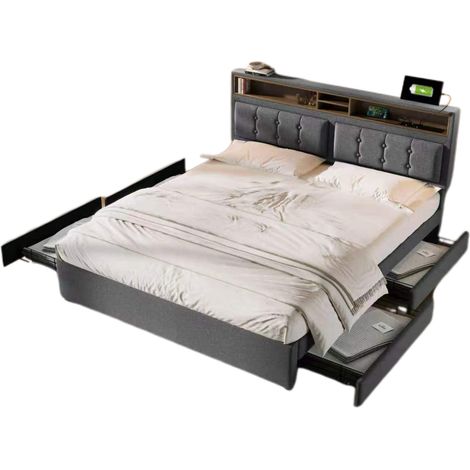 Lit avec Tiroirs 140 x 200 cm, Lit Double en Lin avec 4 Tiroirs, USB, Type-C et Prises, Matelas Inclus, Gris (1/5)