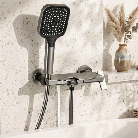 Robinet de baignoire cascade avec douche à main, robinetterie de salle de bain en aluminium spatial avec sélecteur de boutons de piano, tuyau de 1,5 m (1/5)