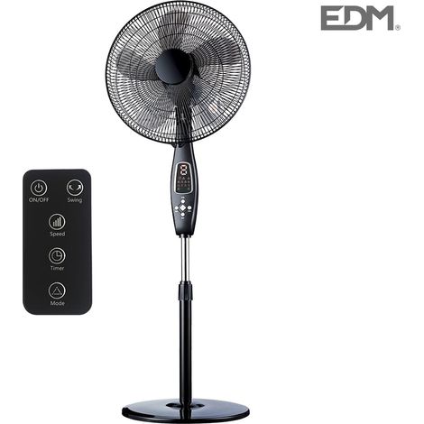 Standventilator mit Fernbedienung. Schwarze Farbe, Leistung 60 W, Flügel ø40 cm, höhenverstellbar 110–130 cm. EDM