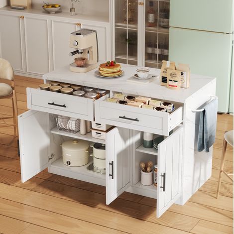 Îlot de cuisine 120/60/91 cm blanc avec prises et USB, plan effet marbre et espace bar (1/5)
