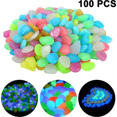 Lot de 100 galets phosphorescents pour jardin, pierres lumineuses pour la décoration intérieure et extérieure, pelouse, aquarium, allée, chemin, allée carrossable, chemin d'accès, solaire