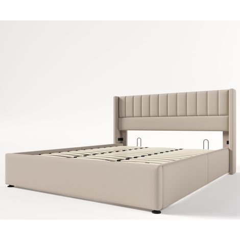 Cama arcón hidráulica doble 180 x 200 cm en tejido beige con estructura metálica y somier de lamas (1/5)