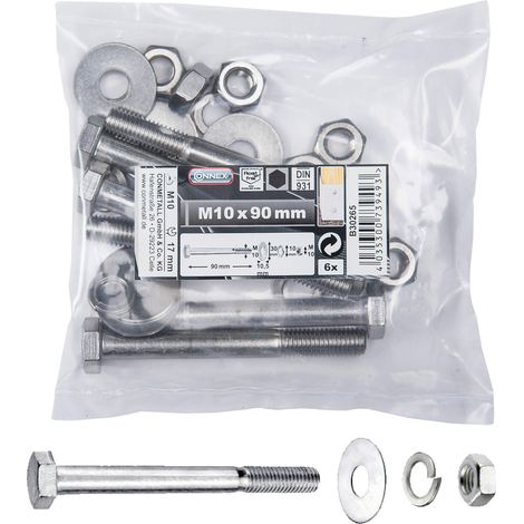 Set de 6 Vis hexagonales Acier Inox A2 avec écrous/rondelles-ressorts/disques de carrossage 10 x 90 mm (1/4)