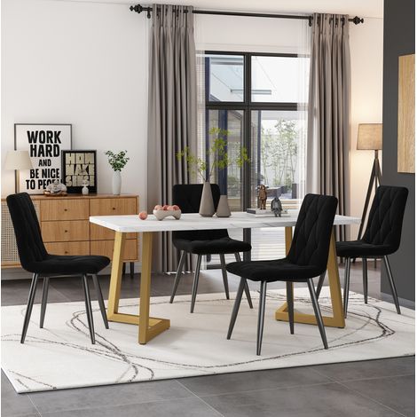 Conjunto de comedor MDF y metal blanco/negro, mesa 117x68 cm con 4 sillas de terciopelo negro (1/5)