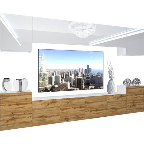 BELINI - Unité Murale TV NEX I Ensemble Muebles de Salon Complet I Ensemble Meuble TV avec Illumination LED I Dimensions: 300 x 180 x 36 cm I Coleur: Blanc très Brillant/chêne wotan 1