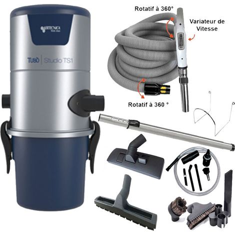 Aspiration centralisée AERTECNICA TS1 (jusqu’à 250 m²), Sans Sac - GARANTIE 3 ANS - Avec 1 trousse flexible à variateur 9 M + 8 accessoires + kit de nettoyage micro (AA081) offert
