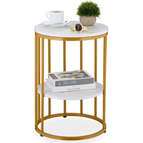 Relaxdays Side Table, Marble Effect, 2 Tiers, 57 x 40 cm, Living Room, Coffee Rest for Sofa, Metal & MDF, White/Gold