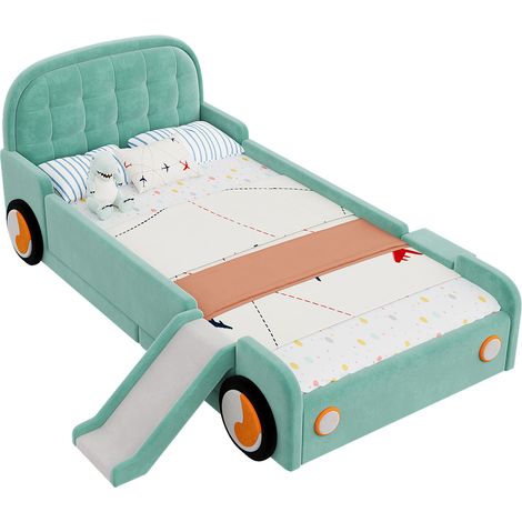 CHICFURN Cama infantil coche con tobogán y escalera, polsterbed de terciopelo azul verdoso, 90x200 cm, con protección lateral, montaje reversible y diseño de juego (1/5)