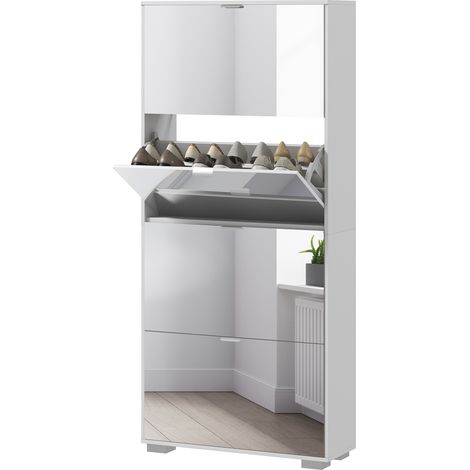 2-in-1 Schuhschrank mit Spiegel, 4 Kipptüren, verstellbaren Einlegeböden, Kapazität für 24 Paar Schuhe, 76 x 26 x 168 cm