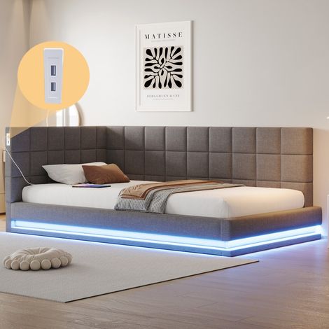 Lit Banquette 90x200cm - Canapé Lit Simple Rembourré en Lin avec Ruban LED Multicolore et Prise USB - Gris (1/5)