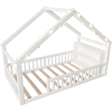 Cama casita infantil 90 x 190 cm con barreras, madera de pino, blanca, sin colchón (1/5)