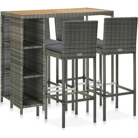 5-tlg. Gartenbar-Set mit Kissen Poly Rattan Grau