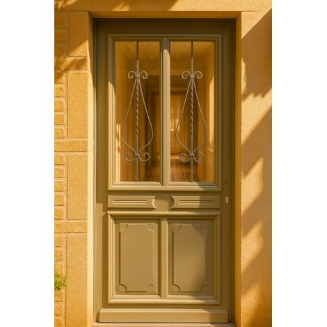 Puerta de entrada de madera con cristal Baptiste verde gris oliva, H.215 x 90 cm, lado de la tabla P, izquierda, pomo, bombín, botón, GD MENUISERIES