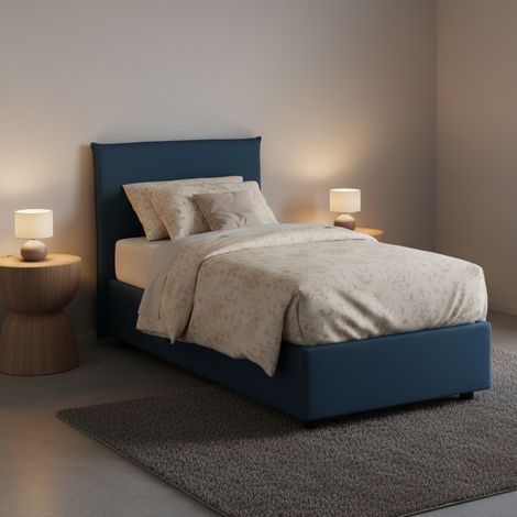 Talamo Italia Cama individual Carola, Cama contenedor con revestimiento de tela, 100% Made in Italy, Apertura lateral, con colchón Cm 80x190 incluido, Azul, con embalaje reforzado (1/5)