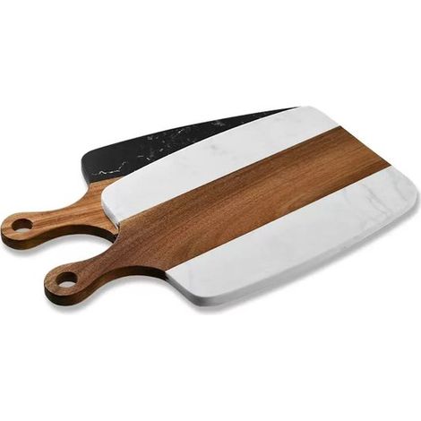Lot de 2 planches de service – Bois d’acacia et marbre – Avec poignée – 34,9 cm – Planche à découper (1/5)