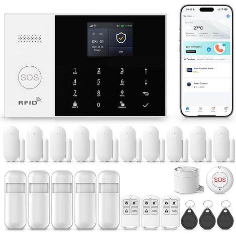 Système de sécurité domestique WiFi avec sirène, capteurs de mouvement PIR, télécommandes, capteurs de fenêtre/Porte (Alarm Kit) (1/5)