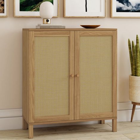 HANAE Aparador vintage de 2 puertas, 70 cm, efecto caña natural