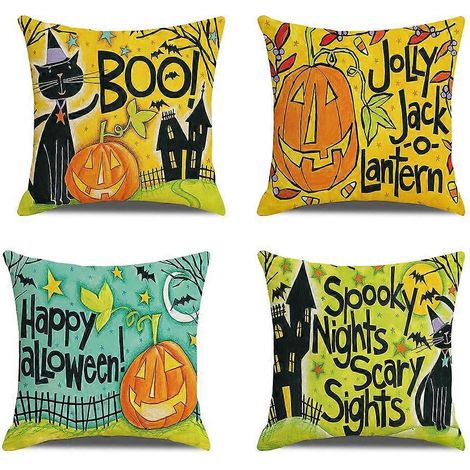 Lot de 4 taies d'oreiller d'Halloween 45 x 45 cm, en lin doux, motif « Des bonbons ou un sort », style champêtre, pour canapé ou voiture, décorations d'Halloween orange. (1/4)