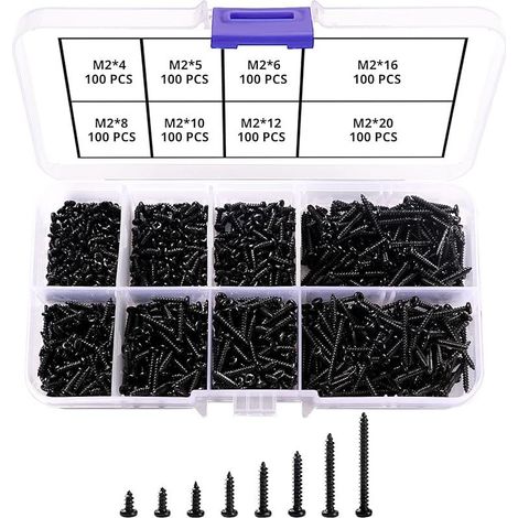 800 Pièces M2 Vis Autoperceuses à Tête Croisée, Vis Autotaraudeuse, Micro Vis à Tête Cylindrique, pour Plastique Bois Métal Mou (Vis Miniatures Noires) (1/5)