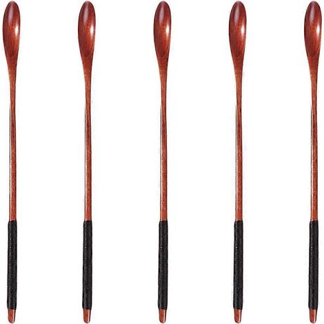 Lot de 5 cuillères à mélanger en bois, cuillère à miel, cuillère à mélanger les boissons à long manche (1/3)