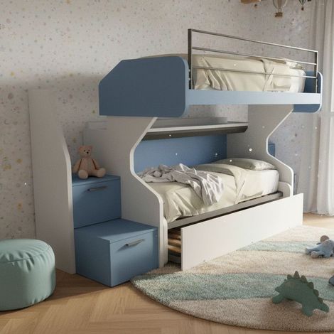 Letto a castello scorrevole con letto estraibile - La soluzione 3 in 1 per la cameretta - Bianco e Avio (1/5)