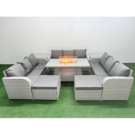 Fimous PE Rattan Lounge Sofa Set 11 Seater Outdoor Garden Furniture Set with Firepit Dining Table 3 Seater Sofa 2 Big Footstools 2 Side Table Light Grey