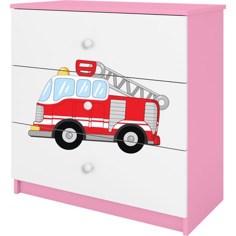 Babydreams Commode enfant 81 cm avec 3 tiroirs motif camion de pompiers rose (1/5)