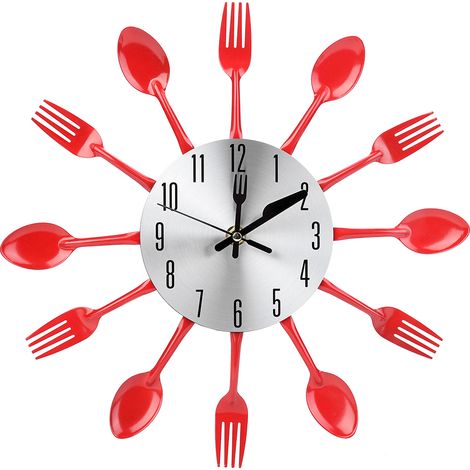 Horloge Murale Cuisine en Acier Inoxydable - Couteau, Fourchette, Cuillère - Décoration Rouge (1/5)