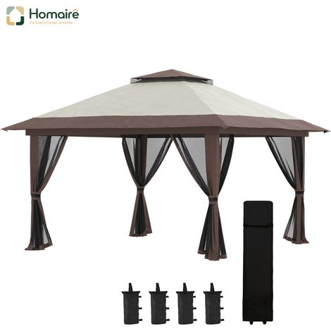 HOMAIRE Faltpavillon 4x4m Garten höhenverstellbar UV-Schutz Netzvorhängen Doppeldach Beige Gartenpartys