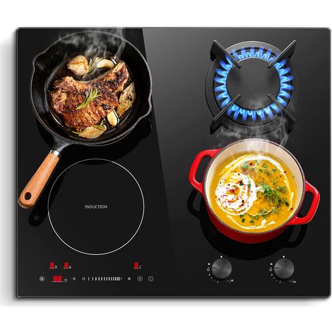 Plaque de Cuisson Mixte Gaz Induction 4 Foyers 59cm, 7500W Totale,Sécurité Enfant, Verre Céramique Noir (1/5)