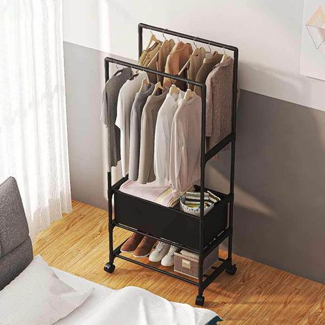 Double Rod Metal Clothes Rack with Laundry Basket (1/5)