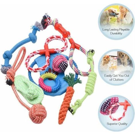Lot de 10 jouets pour chien : corde, balle, nœud, carotte, tong, boucle TPR – DELKEVIC (1/5)