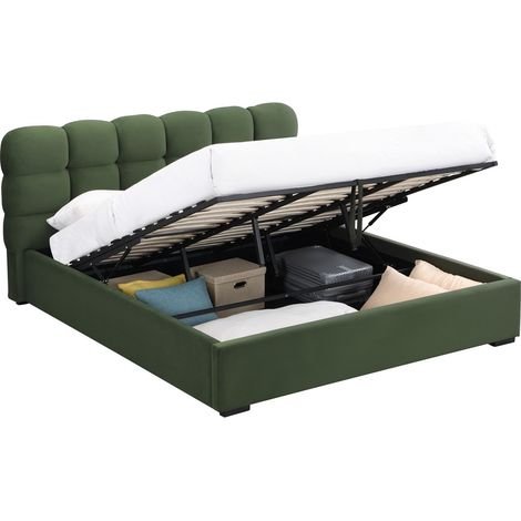 Homifab – Lit coffre adulte 180x200 cm – Sommier relevable avec coffre de rangement – Tête de lit capitonnée en velours vert kaki – Structure robuste (1/5)