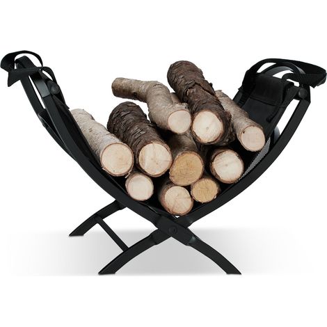 Relaxdays Kaminholzkorb mit Tragetasche, faltbar, aus Stahl, faltbar, Zeitungshalter, HxBxT: 32 x 43,5 x 32 cm, schwarz (1/5)