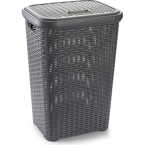 Cesto Portabiancheria in Plastica con coperchio - Effetto Rattan, 45x34x62 cm - Struttura intrecciata per biancheria sporca in bagno, lavanderia, Hote (1/4)