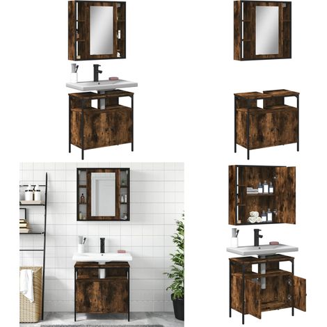 Set de muebles baño 2 pzas madera contrachapada roble ahumado - Armario de baño - Mueble de baño con espejo