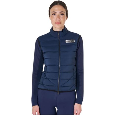 S, blu navy: Smanicato da donna in tessuto tecnico misto con chiusura a zip e collo a costine
