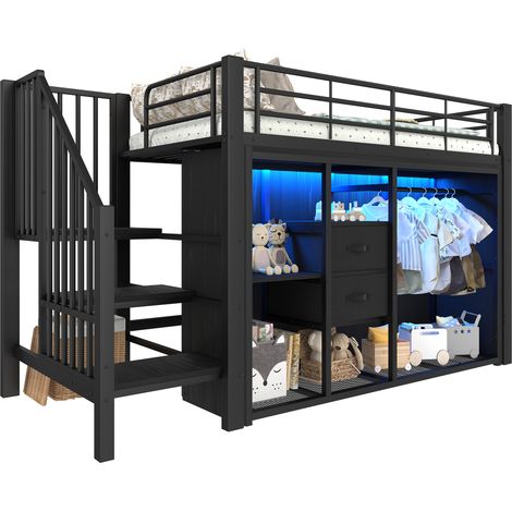 Lit mezzanine 90x200 cm,Lit effent avec LED + dressing + 2 tiroirs + Rangement intégré - Noir