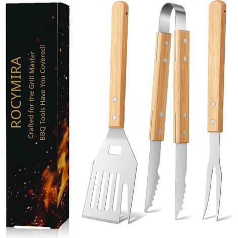 Ensemble d'outils de barbecue 5 en 1 – Spatule multifonction avec bord couteau, fourchette, attendrisseur et décapsuleur Poignée bois frêne robuste acier inoxydable épais Accessoires -