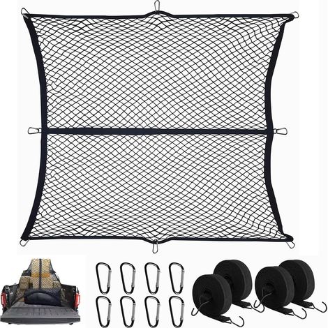 Filet à Bagages Hautement Élastique 1,5 x 1,5 m Extensible Jusqu'à 2,5 m x 2,5 m (Une Couche), Filet de Rangement pour Camion, Voiture, Camping-Car, avec 8 Mousquetons en Acier + 4 Sangles de Fixation (1/5)