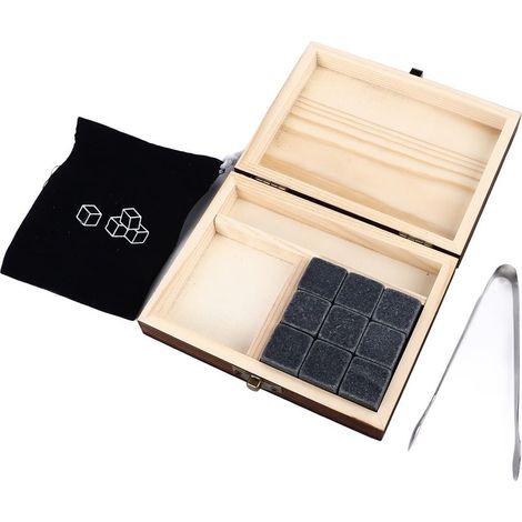 Kubische Whisky-Steine aus Granit, ideal zum Kühlen Ihres Whiskys. Schnelltrocknende, recycelbare Kiefernholzbox. (1/5)