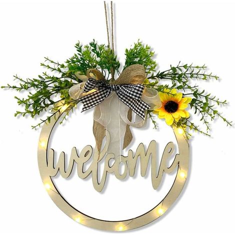 Panneau Bienvenue, Couronne Porte Bienvenue en Bois avec Guirlande Lumineuse LED, 30cm Enseigne Bienvenue(Welcome) (1/5)